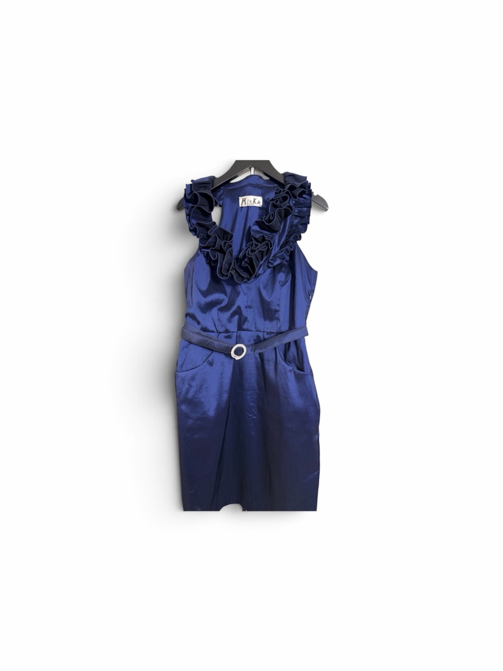 Mieka Satin Ruffle V-Neck Midi Dress in Royal Blue - Picture 2 of 5